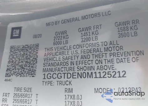 2021 Chevrolet Colorado 4Wd Short Box Z71 z USA, uszkodzony, nr VIN 1GCGTDEN0M1125212